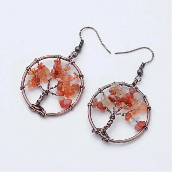 Rustic Antique Copper Red Carnelian Tree of Life Gemstone Beads Dangle Earrings - Picture 1 of 1